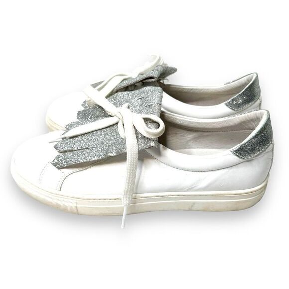 White Leather Made in Italy Sneakers with Silver Glitter Details Women’s Size 38 - Picture 3 of 8